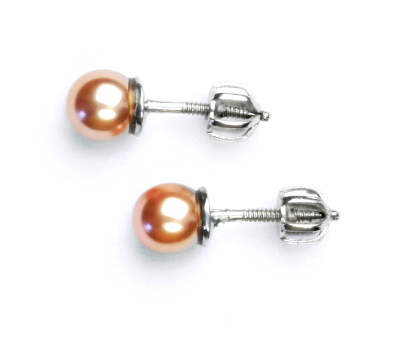 Stříbrné náušnice synt. perla 6 mm , perlové náušnice, NŠ 1183 lososová