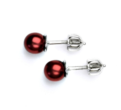 Stříbrné náušnice synt. perla 6 mm  perlové náušnice, NŠ 1183 vínová
