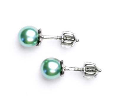 Stříbrné náušnice synt. perla 6 mm, perlové náušnice, NŠ 1183 zelená B