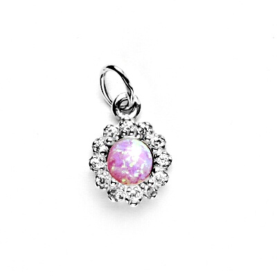 Stříbrný přívěsek, syntetický růžový opál, čiré zirkony, P 1495