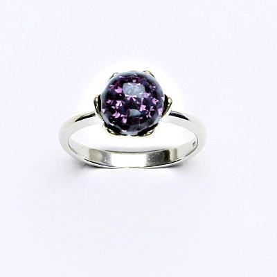 Stříbrný prsten, kulička s krystaly Amethyst 8 mm, T 1351