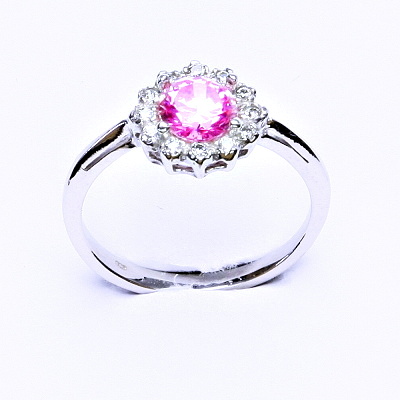 Stříbrný prsten, růžový zirkon, čiré zirkony, T 1495