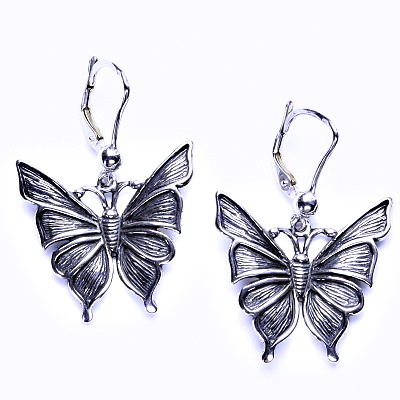Stříbrné náušnice s patinou, na klapku, motýli, NK 7/275