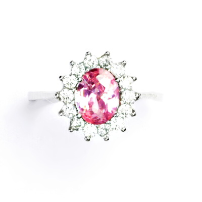Stříbrný prsten, růžový zirkon, čiré zirkony, Kate, T 1507