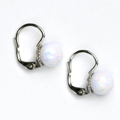 Stříbrné náušnice, bílý syntetický opál 8 mm, náušnice s opálem, NK 1356