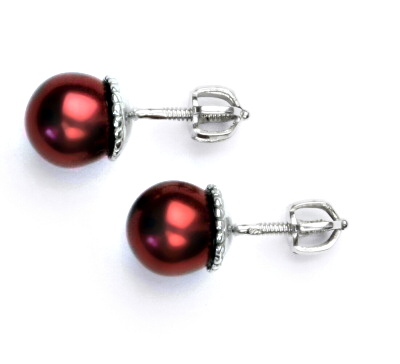 Stříbrné náušnice, synt. perla 8 mm , perlové náušnice, NŠ 1356 vínová