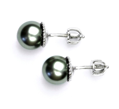 Stříbrné náušnice, synt. perla 8 mm , perlové náušnice, NŠ 1356 šedozelená