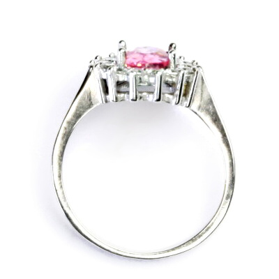 Stříbrný prsten, růžový zirkon, čiré zirkony, Kate, T 1507