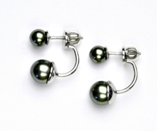 Oboustranné stříbrné náušnice,synt. perly 6 a 8 mm , NŠ 1183/1512 šedozelená