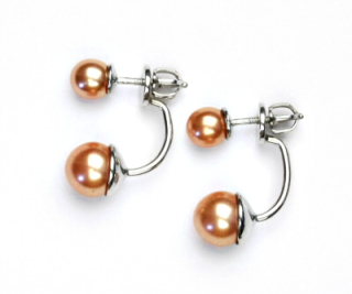 Oboustranné stříbrné náušnice, synt. perly 6 a 8 mm , NŠ 1183/1512 lososová