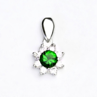 Stříbrný přívěsek, kytička, čiré zirkony a zirkon emerald, VP 135