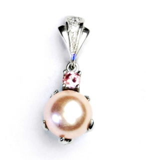 Stříbrný přívěsek, růžový zirkon a umělá růžová perla 10 mm ,  P 1190/1