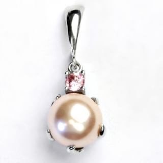 Stříbrný přívěsek, růžový zirkon a umělá růžová perla 10 mm , P 1190/6