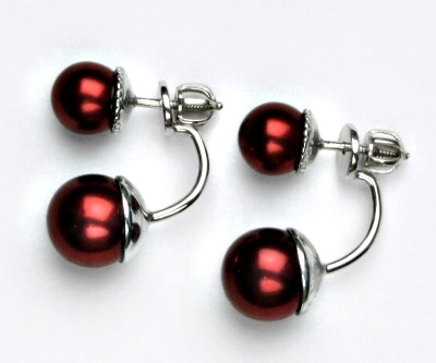 Oboustranné stříbrné náušnice, vínové umělé perly, NŠ 1356/1513