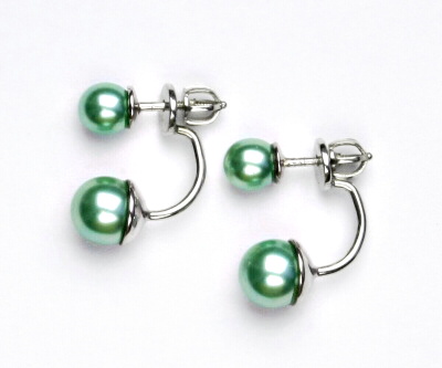 Oboustranné stříbrné náušnice,synt. perly 6 a 8 mm , NŠ 1183/1512 zelená B