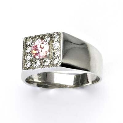 Stříbrný prsten s čirými zirkony a růžovým zironem, vel. 55