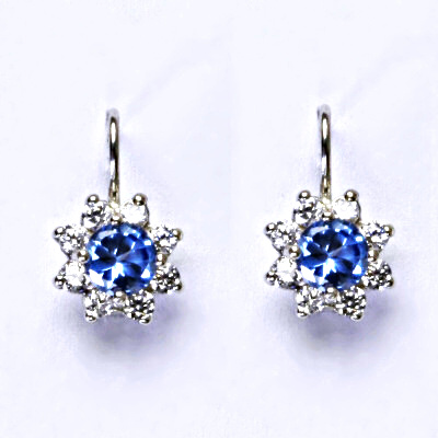 Stříbrné náušnice, syntetický akvamarin, čiré zirkony, náušnice na klapku, VE 61