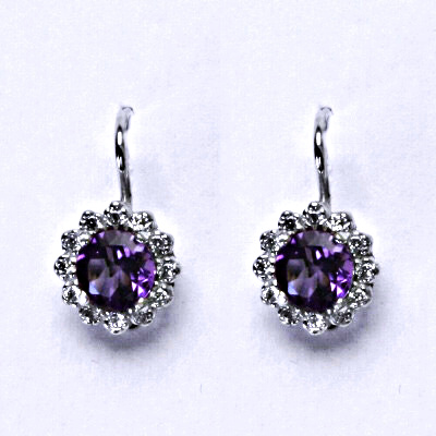 Stříbrné náušnice,čiré zirkony,přírodní ametyst tmavý, stříbro, NK 1495 