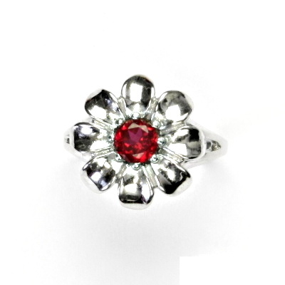 Stříbrný prsten, zirkon v barvě rubínu, prstýnek ze stříbra, kytička, T 1389 B