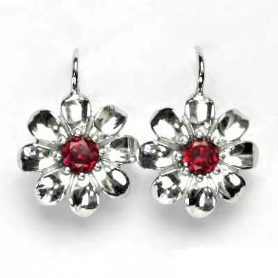 Stříbrné náušnice, zirkon rubín, kytička, náušnice ze stříbra, NK 1389 