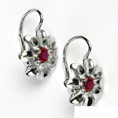 Stříbrné náušnice, zirkon rubín, kytička, náušnice ze stříbra, NK 1389 