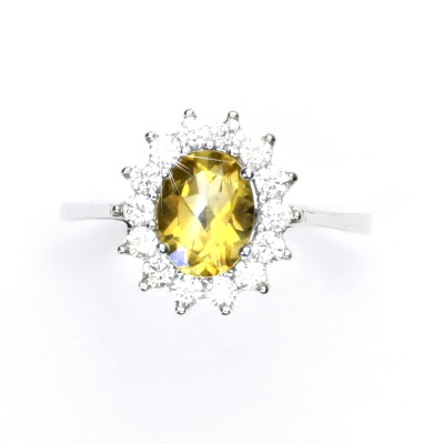 Stříbrný prsten, žlutý zirkon, čiré zirkony, Kate, T 1507