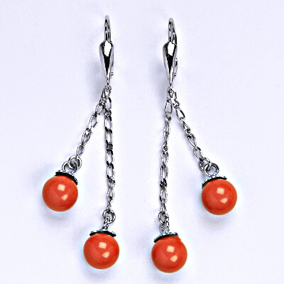 Náušnice stříbrné se Swarovski coral perlou 8 mm, perly na řetízku, NK 1451/27