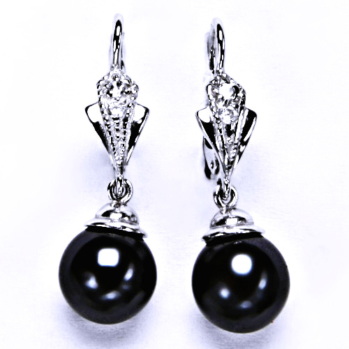 stříbrné náušnice s umělou černou perlou 10 mm, patent, šperky, NK 1193/9 