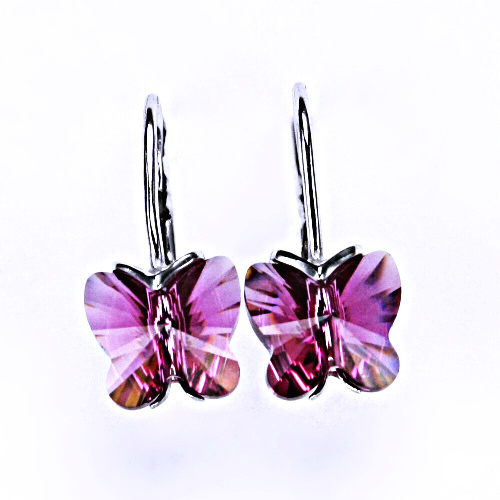 Náušnice stříbrné na patent s krystalem Swarovski-motýlek 10mm(barva Fuchsie)NK 1307 