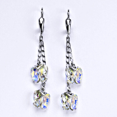 Náušnice stříbrné s AB krystaly Swarovski, motýlci na řetízku, NK 1307/2/20