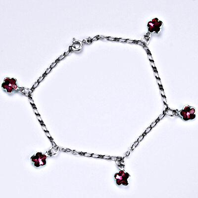Stříbrný náramek se Swarovski krystaly fuchsia, kytičky, R 1297