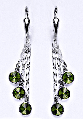Náušnice stříbrné s krystaly Swarovski olivine, kolečka na řetízku, NK 1336/3/20