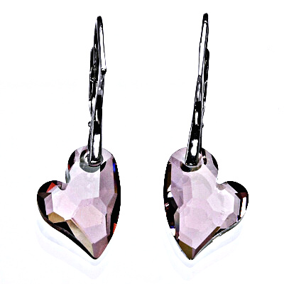 Stříbrné náušnice se Swarovski krystaly Antique Pink, srdce 17 mm, NK 1295