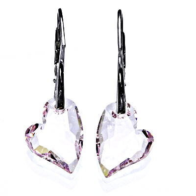 Stříbrné náušnice se Swarovski krystaly rosaline, srdce 17 mm, NK 1295