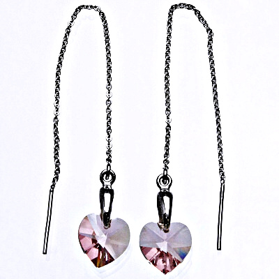 Stříbrné řetízkové protahovací náušnice se Swarovski krystalem light rose,srdce,NŘ 1313