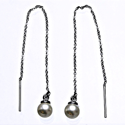 Stříbrné řetízkové protahovací náušnice se Swarovski bílou perlou 6 mm, NŘ perla