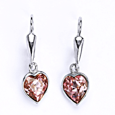 Stříbrné náušnice, Swarovski krystal light rose, srdce, NK 1396/20
