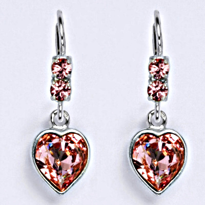 Stříbrné náušnice se Swarovski krystalem light rose, srdce, NK 1346/1396