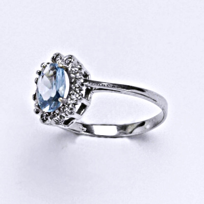 Stříbrný prsten, zirkon akvamarin, čiré zirkony, VR 247
